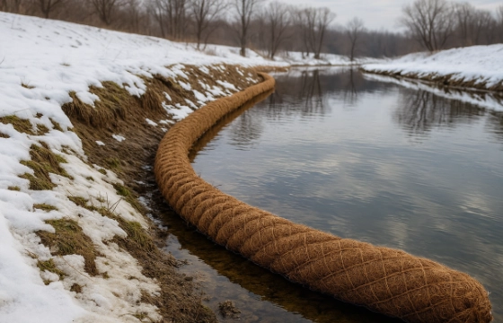 Curved coir logs installed along a snowy riverbank for effective erosion prevention