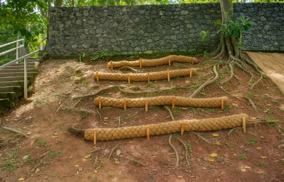 Coir logs secured with wooden stakes for slope stabilization and erosion control