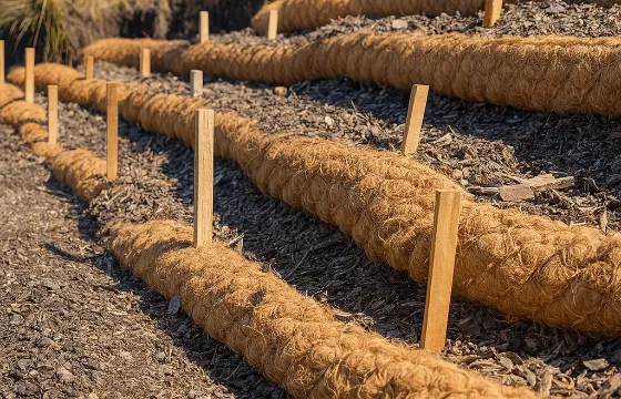 Coir logs placed along a riverbank to prevent erosion and stabilize the shoreline