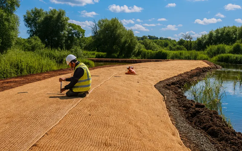 a worker with yellow vest on his knees installing a coir blanket