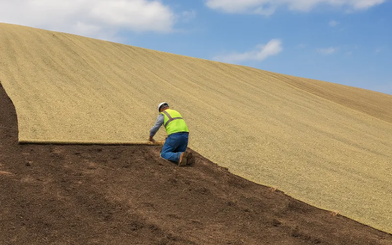 man installing axcelsior mat rolls on slope